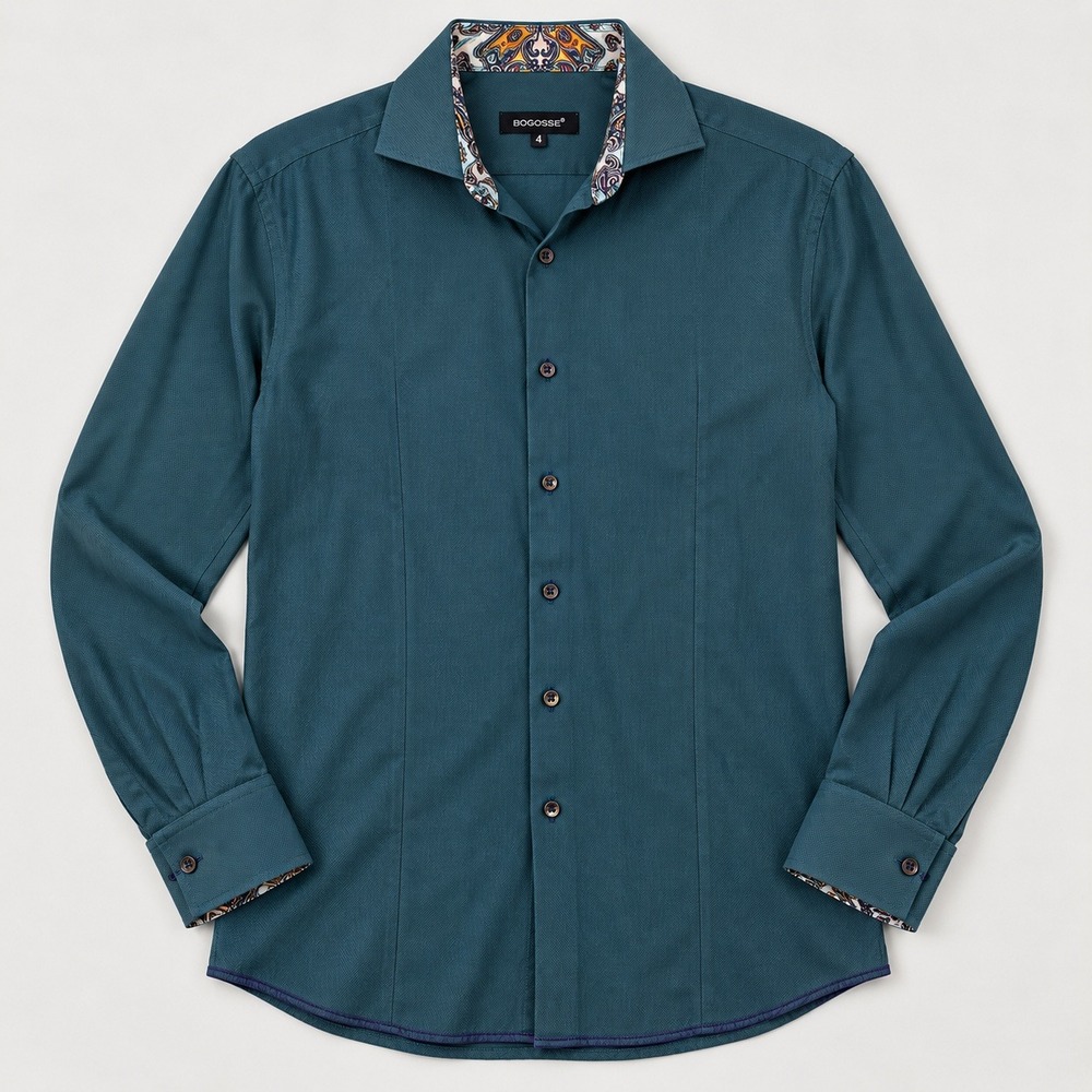 Bogosse Button Down Mens 4 Large Teal VICTOR-93 Textured Paisley Trim Shirt